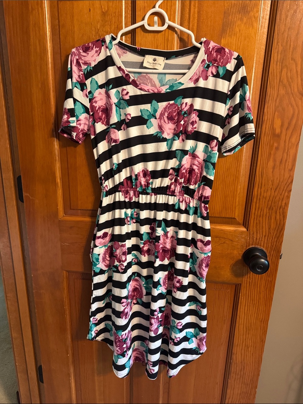 Women’s Black & White Stripe Floral Dress with Pink Roses
